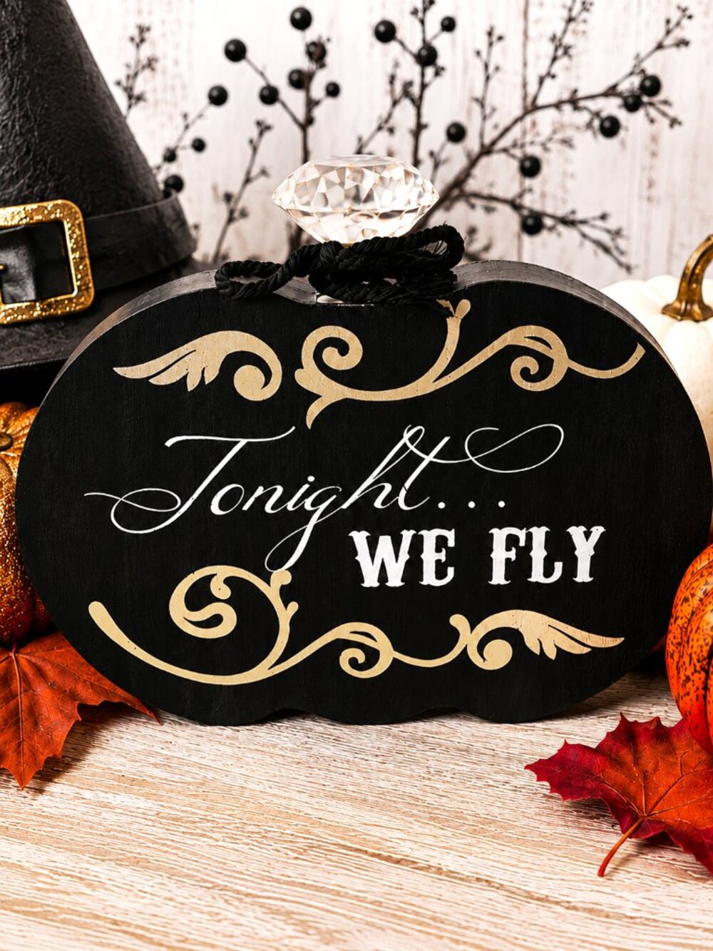 Tonight...We Fly Black Crystal Pumpkin Halloween Glam Wood Block Sign Home Décor